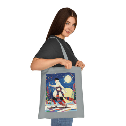🎿🌙 The Moonlit Christmas Skier Cotton Tote Bag – Art Deco Holiday Adventure