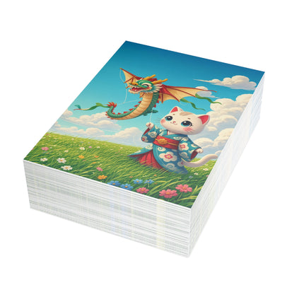 🐉🌼 The Dragon Kite Meadow Kitten Greeting Card – Whimsical Floral Adventure