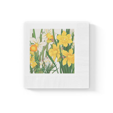 Daffodils by Tanigami Kônan White Coined Napkins – Spring Blooms & Japanese Woodblock Elegance