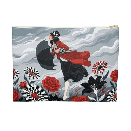 🌹☂️ The Lady In The Storm Accessory Pouch – Art Deco Floral Drama