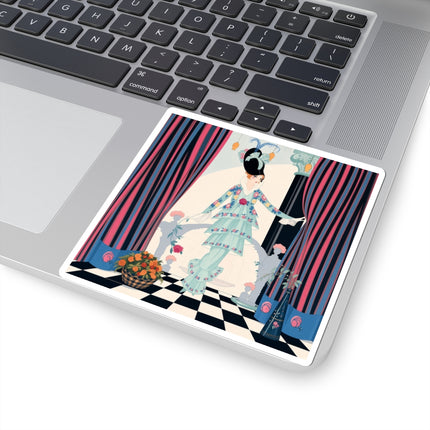 🌹🎭 The Lady Between The Curtains Kiss-Cut Stickers – Art Deco Floral Theatre