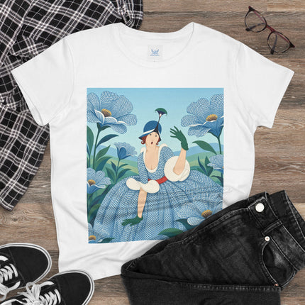 💙🌼 The Blue Blossom Garden Belle Cotton Tee – Art Deco Floral Whimsy