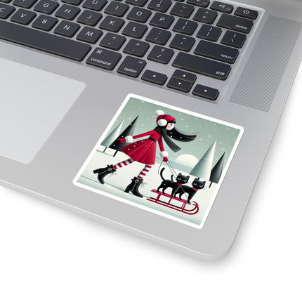 Red Sled & Curious Cats Kiss-Cut Stickers (4 Sizes)