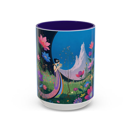 The Lady And The Moonlit Peak Colorful Mugs – Art Deco Alpine Garden Elegance