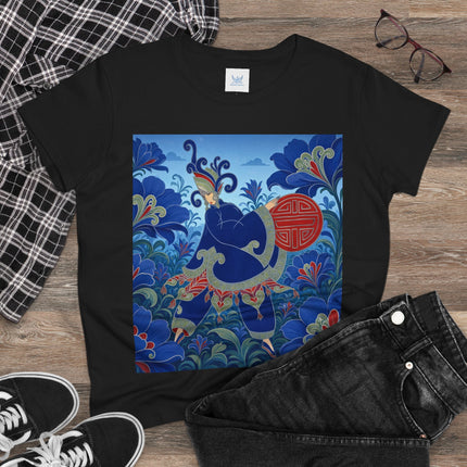 💙🌺 The Imperial Blue Garden Cotton Tee – Art Deco Oriental Elegance