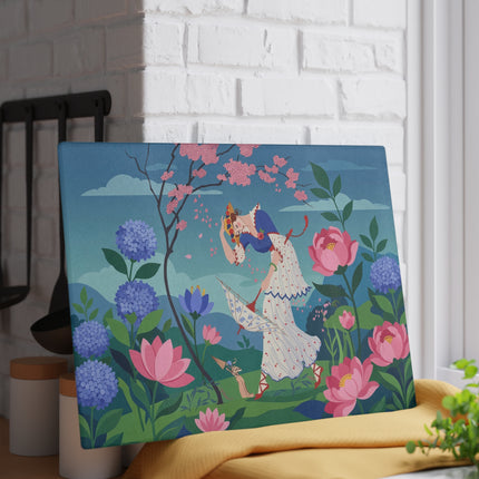 🌸☂️ The Lady Of The Falling Cherry Blossoms Glass Cutting Board – Art Deco Garden Fantasy