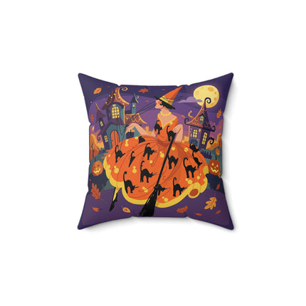 🐈‍⬛🎃 The Black Cat Witch Of Pumpkin Manor Square Pillow – Whimsical Halloween Charm