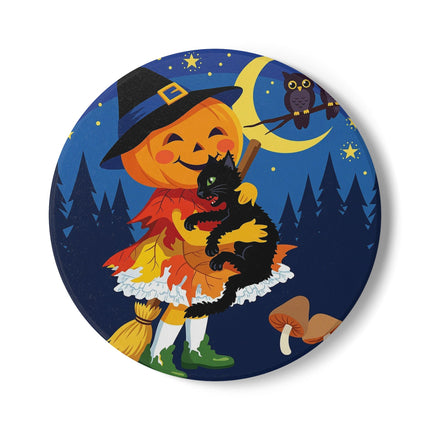 🎃🐈‍⬛ The Little Pumpkin Witch And Her Black Cat Ceramic Coaster – Whimsical Halloween Charm