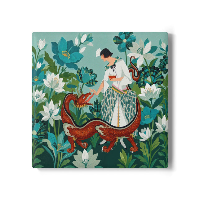 🐉🌿 The Dragon Keeper Ceramic Coaster – Art Deco Floral Fantasy