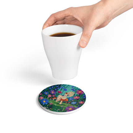 🧚🍄 The Lady Of The Enchanted Mushroom Forest Ceramic Coaster – Art Deco Fairy Garden Fantasy