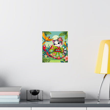 🦜🐱 Parrot Dance of the Geisha Kitten Matte Vertical Poster – Tropical Whimsy & Colorful Charm