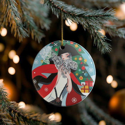 ❤️ The Lady Of The Crimson Scarf Ceramic Ornament – Art Deco Christmas Elegance