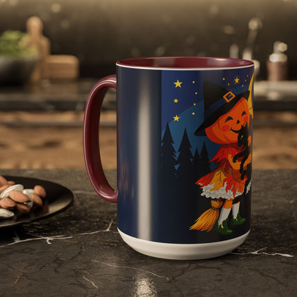 🎃🐈‍⬛ The Little Pumpkin Witch And Her Black Cat Colorful Mug – Whimsical Halloween Charm