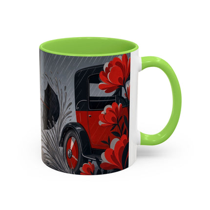 ☔🌹 The Scarlet Rainstorm Promenade Colorful Mug – Art Deco Motoring Elegance