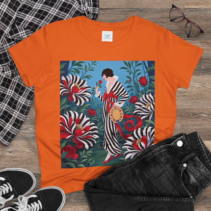 ❤️🌹 The Scarlet Striped Garden Cotton Tee – Art Deco Fashion Illustration
