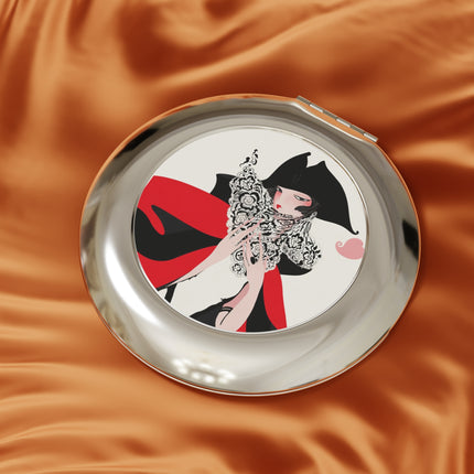 Crimson Masquerade Compact Mirror – Dramatic Grace & Bold Elegance