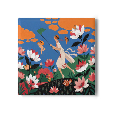 🪁🌺 The Lady Of The Flying Garden Ceramic Coaster – Art Deco Floral Fantasy