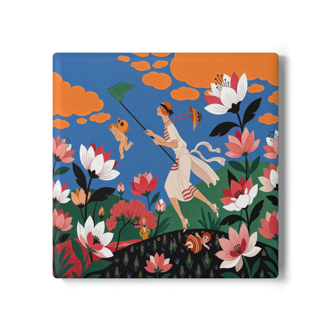 🪁🌺 The Lady Of The Flying Garden Ceramic Coaster – Art Deco Floral Fantasy