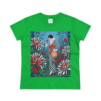 ❤️🌹 The Scarlet Striped Garden Cotton Tee – Art Deco Fashion Illustration