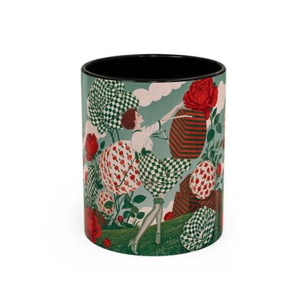 🌹💚 The Scarlet Rose Checkerboard Garden Colorful Mug – Art Deco Floral Whimsy