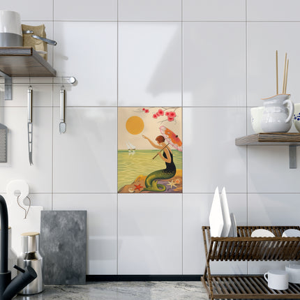🧜‍♀️☂️ The Mermaid With The Parasol Ceramic Tile – Art Deco Seaside Fantasy