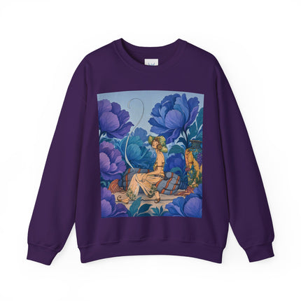 💙🌸 The Lady Among The Blue Blossoms Crewneck Sweatshirt – Art Deco Floral Reverie