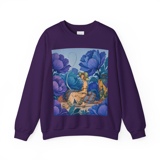 💙🌸 The Lady Among The Blue Blossoms Crewneck Sweatshirt – Art Deco Floral Reverie