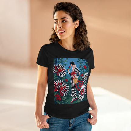 ❤️🌹 The Scarlet Striped Garden Cotton Tee – Art Deco Fashion Illustration