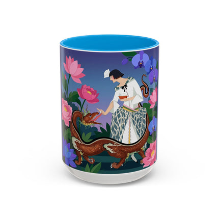 The Lady And The Garden Dragon Colorful Mugs – Art Deco Mythical Botanical Elegance