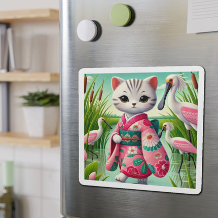 Geisha Kitten Strolls Among the Spoonbills Die-Cut Magnets (5 Sizes)