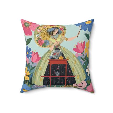 🌸🪞 The Lady Of The Floral Parasol Square Pillow – Art Deco Garden Whimsy