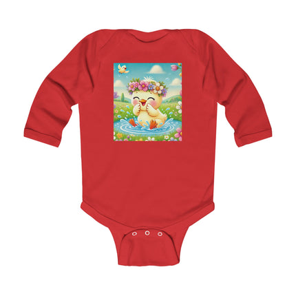 Springtime Splash Duckling Baby Long Sleeve Bodysuit – Whimsical Pond & Meadow Design