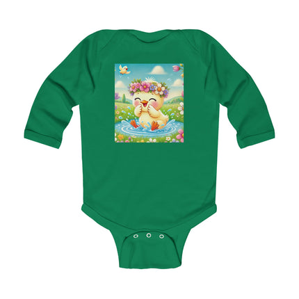 Springtime Splash Duckling Baby Long Sleeve Bodysuit – Whimsical Pond & Meadow Design