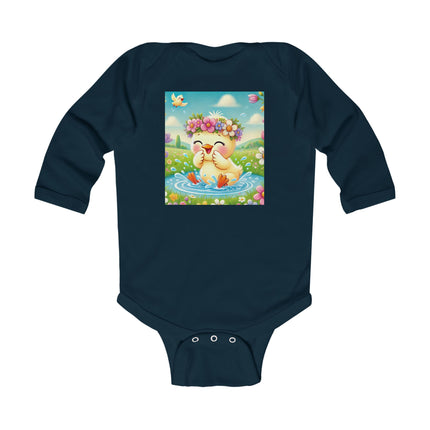 Springtime Splash Duckling Baby Long Sleeve Bodysuit – Whimsical Pond & Meadow Design