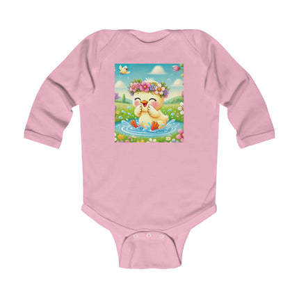 Springtime Splash Duckling Baby Long Sleeve Bodysuit – Whimsical Pond & Meadow Design