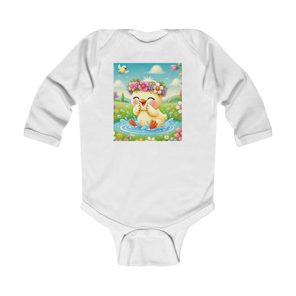 Springtime Splash Duckling Baby Long Sleeve Bodysuit – Whimsical Pond & Meadow Design