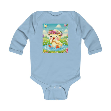 Springtime Splash Duckling Baby Long Sleeve Bodysuit – Whimsical Pond & Meadow Design