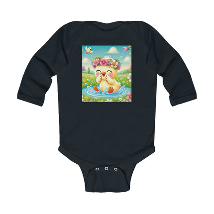 Springtime Splash Duckling Baby Long Sleeve Bodysuit – Whimsical Pond & Meadow Design