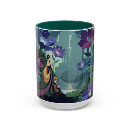 The Lady Of The Moonlit Fountain Colorful Mugs – Art Deco Botanical Serenity