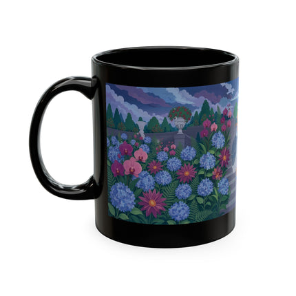 🦚🌸 The Lady & The Peacock On The Garden Steps Ceramic Mug – Art Deco Garden Elegance