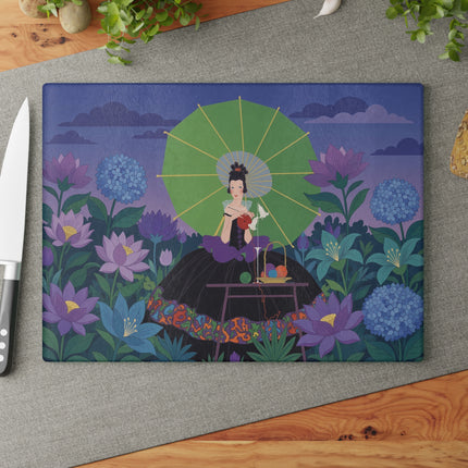 🧶🌸 The Lady Of The Lotus Threads Glass Cutting Board – Art Deco Floral Sewing Elegance