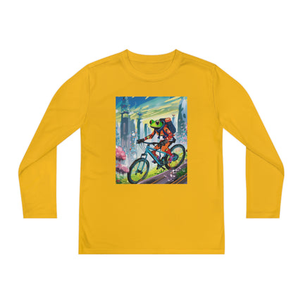 Cyberpunk Frog Youth Long Sleeve Competitor Tee – Neon Trails & Futuristic Adventure