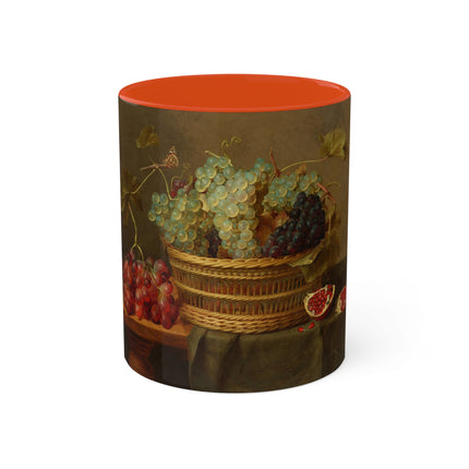 Basket of Grapes and a Pomegranate on a Table by Jacob van Hulsdonck Colorful Mugs, 11oz