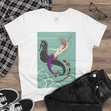 Mermaid on Seahorse Women's Midweight Cotton Tee – Dreamy Ocean Fantasy