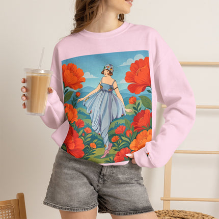 🌺🩵 The Poppy Hill Promenade Crewneck Sweatshirt – Art Deco Fashion Whimsy