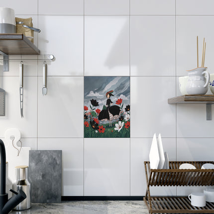 🌧️🌺 The Stormy Flower Walk Ceramic Tile – Art Deco Floral Fashion