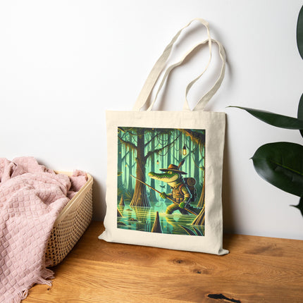 The Swamp Stalker Cotton Canvas Tote Bag – Stealthy Predator & Misty Mystery