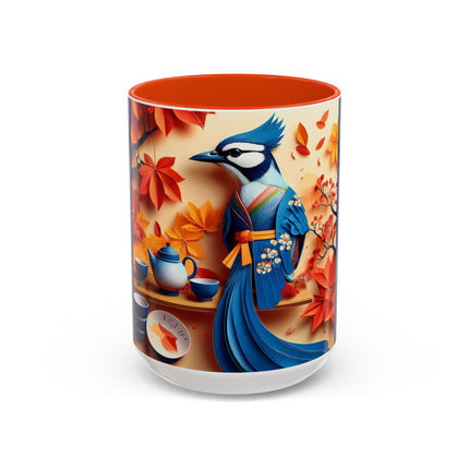 Blue Jay at an Autumn Tea Ceremony Colorful Mugs (11oz, 15oz)