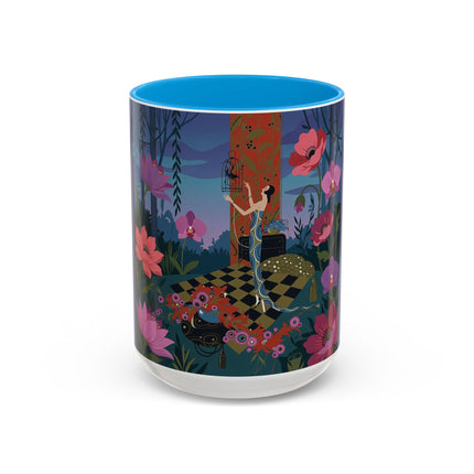 The Lady And The Midnight Birdcage Colorful Mugs – Art Deco Botanical Elegance