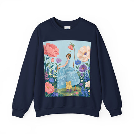 🌸🩵 The Blue Ruffle Garden Crewneck Sweatshirt – Art Deco Floral Whimsy